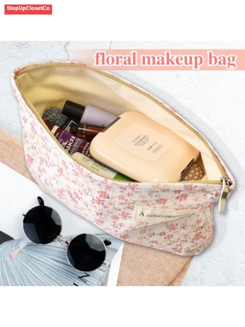 Quilted Floral Cotton Makeup Bag with Zipper - Travel Cosmetic Organizer Pouch